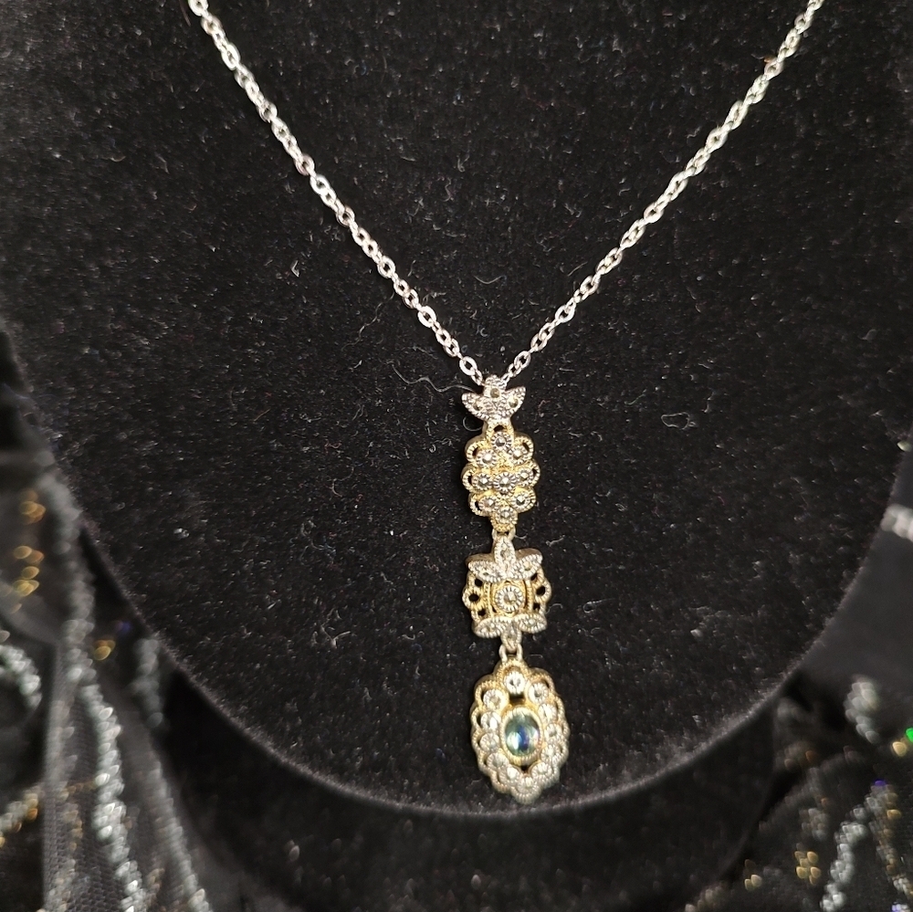 Judith Jack Necklace 925 Sterling Silver Triple Drop Marcasite - Picture 9 of 15